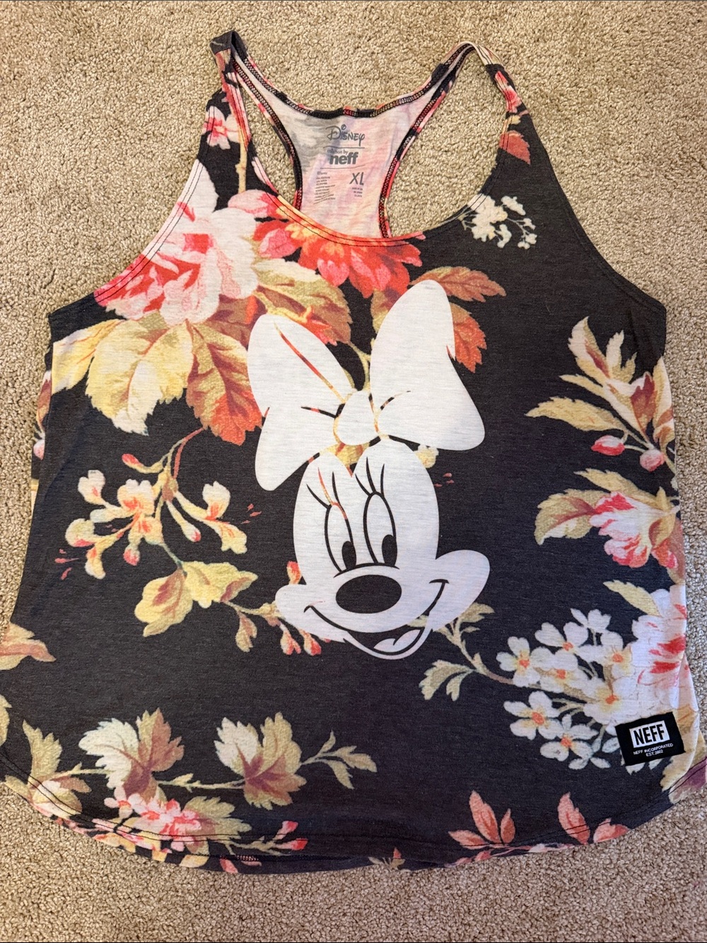 Neff Black Tank with Pink and Yellow Floral Minnie Graphic